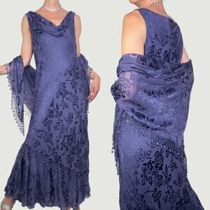 Alex Evenings beaded silk floral burnout maxi dress matching scarf cowl neck XL